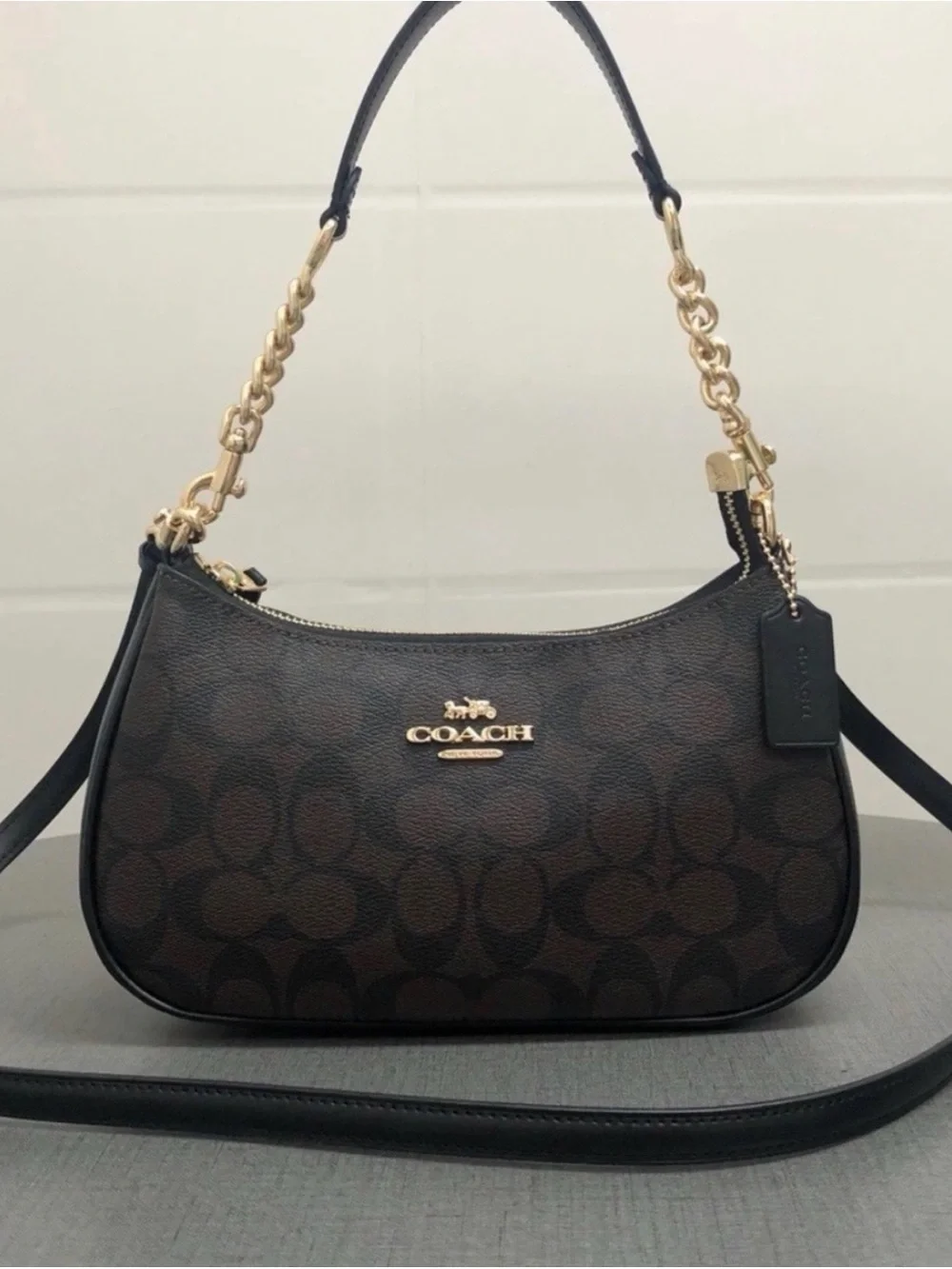 Coach Dark Brown Signature Canvas Shoulder Bag with Gold Hardware
